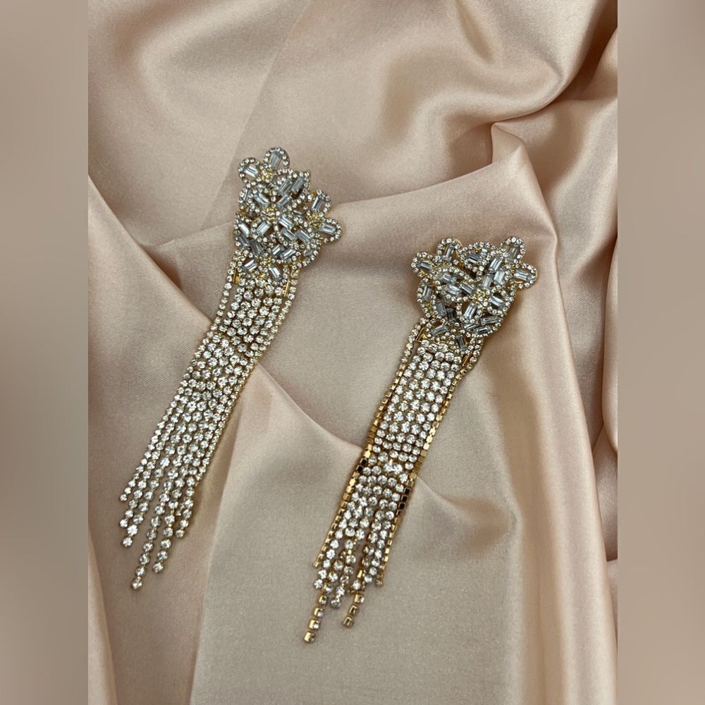 Gold Crystal Rhinestone Fringe Dangle Earrings – Elegant Statement Piece - Picture 9 of 9